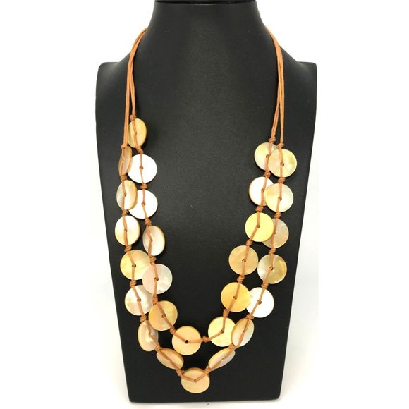 Handmade Jewelry - Vintage Handmade Double Strand Mother of Pearl Disc Necklace Dyed Golden Boho